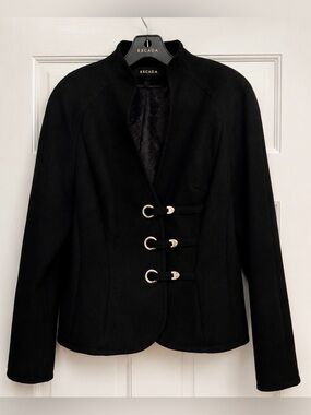 ESCADA Black Virgin Wool Equestrian Military Jacket Blazer Size 40
